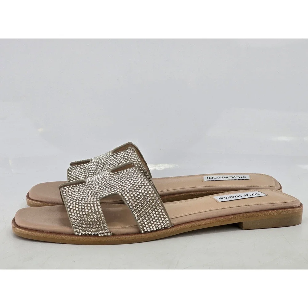 Steve Madden Hadyn-R Slide Sandals Womens 8.5 Nude Rhinestone Sparkle -Excellent